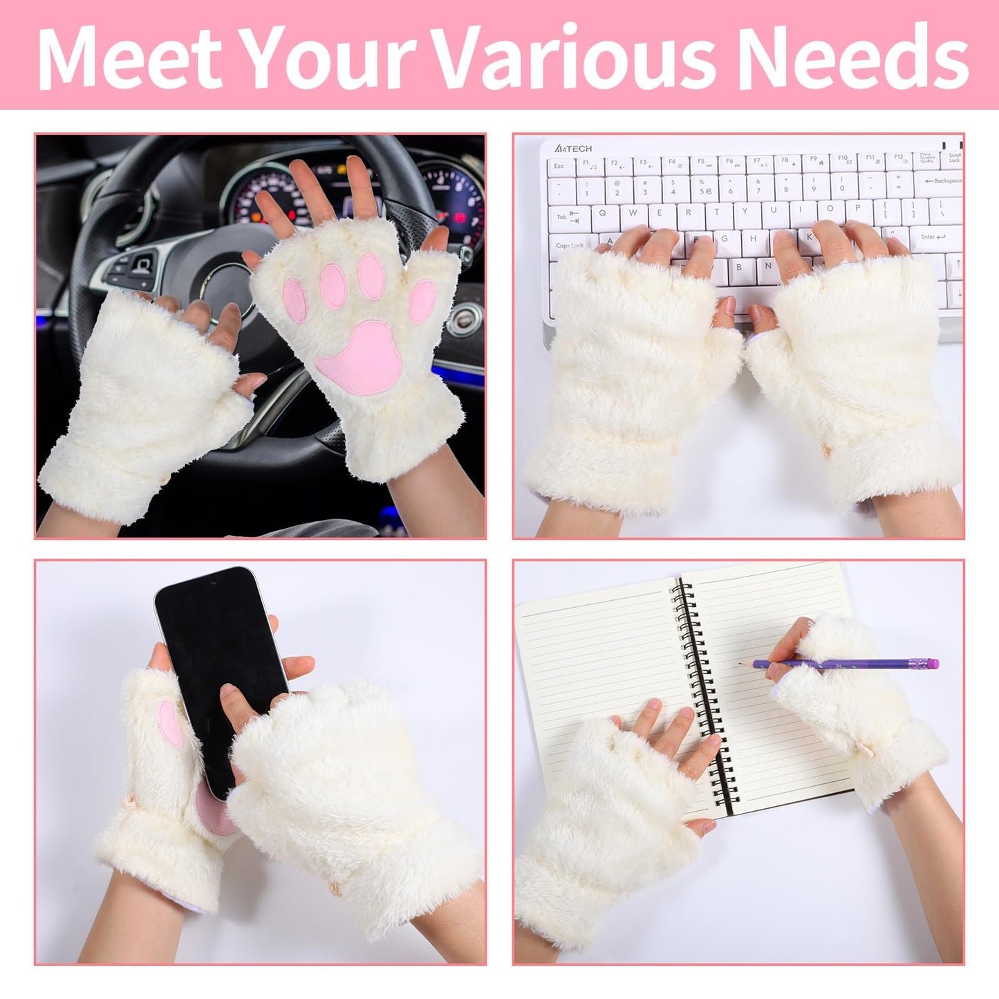WLLHYF Cat Paws Gloves Fingerless Bear Furry Paw Cute Hand Gear Winter Warm Gloves Halloween Cosplay Costume Accessories (White)