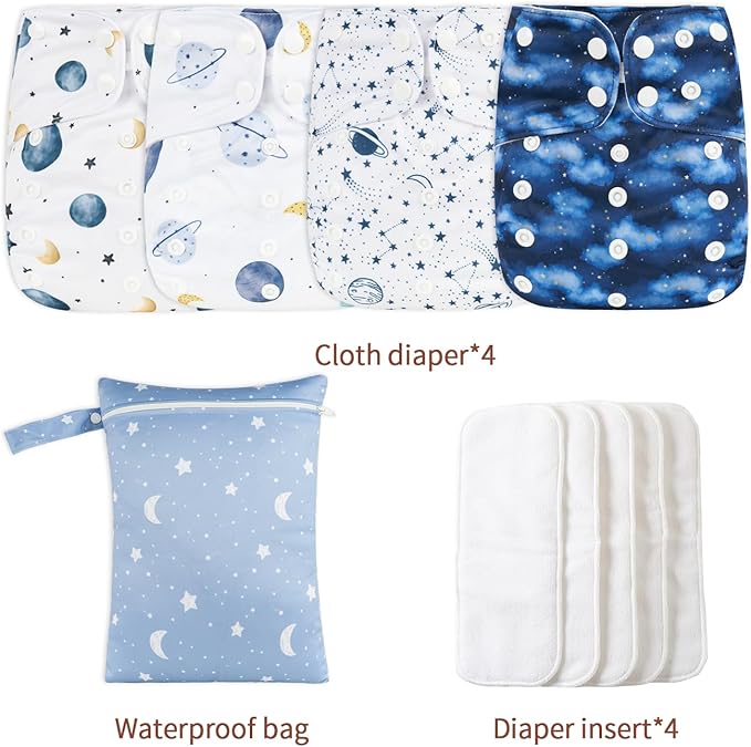 HappyFlute 9 Sets Newborn Baby Cloth Pocket Diapers Adjustable Reusable for Baby Boys and Girls(6-33 pounds,0-3 Years),One Wet Bag+4Diapers and 4Inserts (AD09)