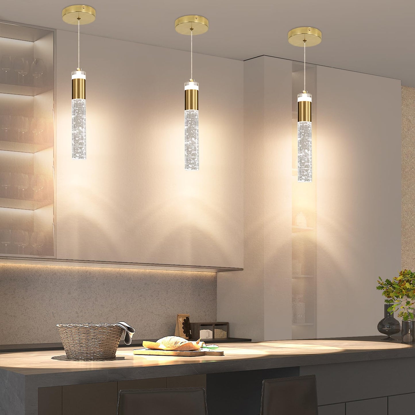 Modern Kitchen Island Pendant Lights  Gold Bubble Crystal Ceiling Hanging Light  3 Color 2700K/4500K/6500K  Mini Linear Led Chandelier Lighting For Dining Room  Bedroom  Bar  Hallway  Bedside
