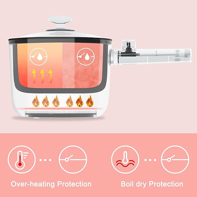 Topwit Hot Pot Electric with Steamer, 1.5L Ramen Cooker, Non-Stick Sauté Pan, Portable Cooking Pot, Electric Cooker with Dual Power Control, BPA Free, Over-Heating & Boil Dry Protection, Pink