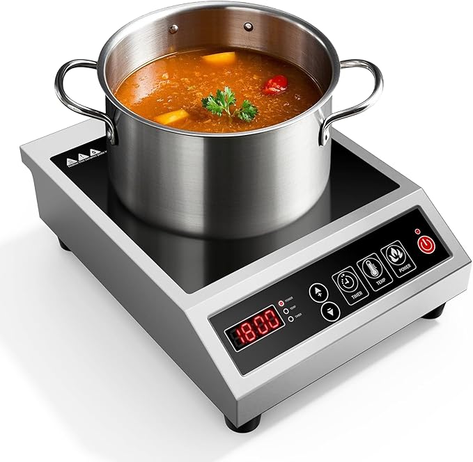 Induction Cooktop Commercial 1800W, Portable Countertop Burner with 8" Fast Heating Coil, 11 Temp/Power Levels, 24H Timer Stainless Steel Electric Stove for for RV Home Kitchen