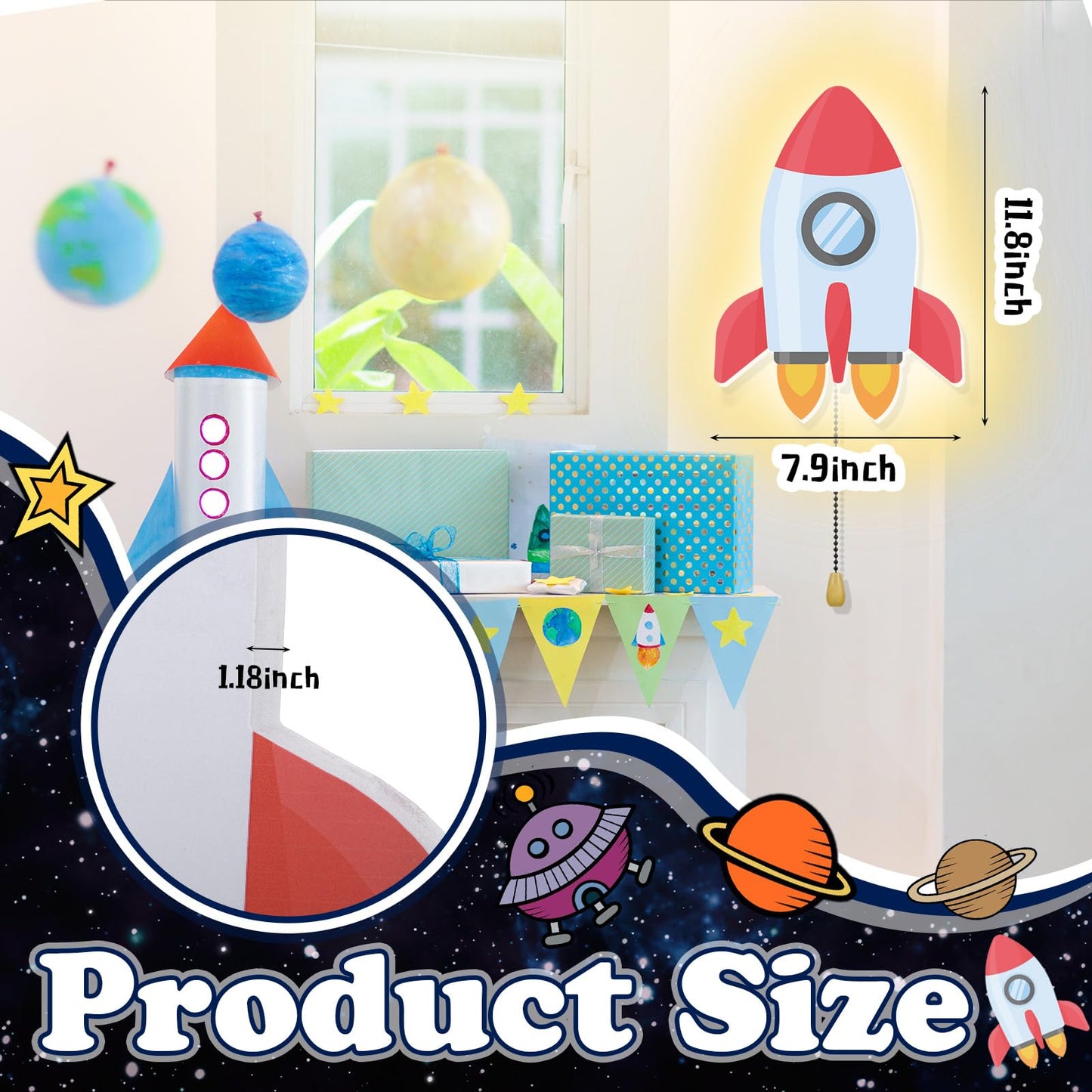 Aurelema Space Rocket Night Light Wall Lamp Sleeping Nursery Lighting Cute Floating Battery Operated Hanging Lamp For Baby Boys Girls Bedroom Room Nursery Wall Decorations