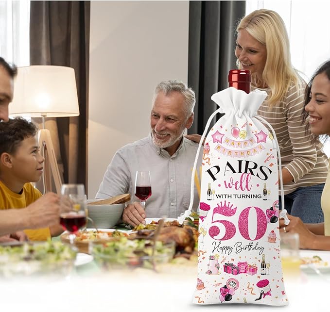 50th Birthday Gifts for Her Him Wine Bag, 50 Year Old Birthday Gifts for Women, 50 Year Old Birthday Party Decorations for Women, Pairs Well with Turning 50 Wine Bag (White Pink)
