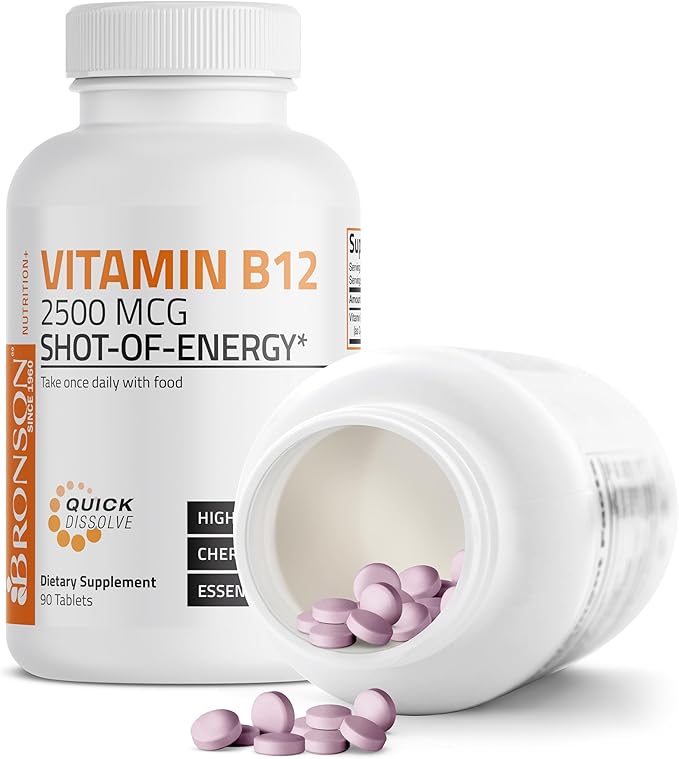 Vitamin B12 2500mcg Shot of Energy Fast Dissolve Chewable Tablets - Quick Release Cherry Flavored Sublingual B12 Vitamin - Supports Nervous System, Healthy Brain Function Energy Production – 90 Count