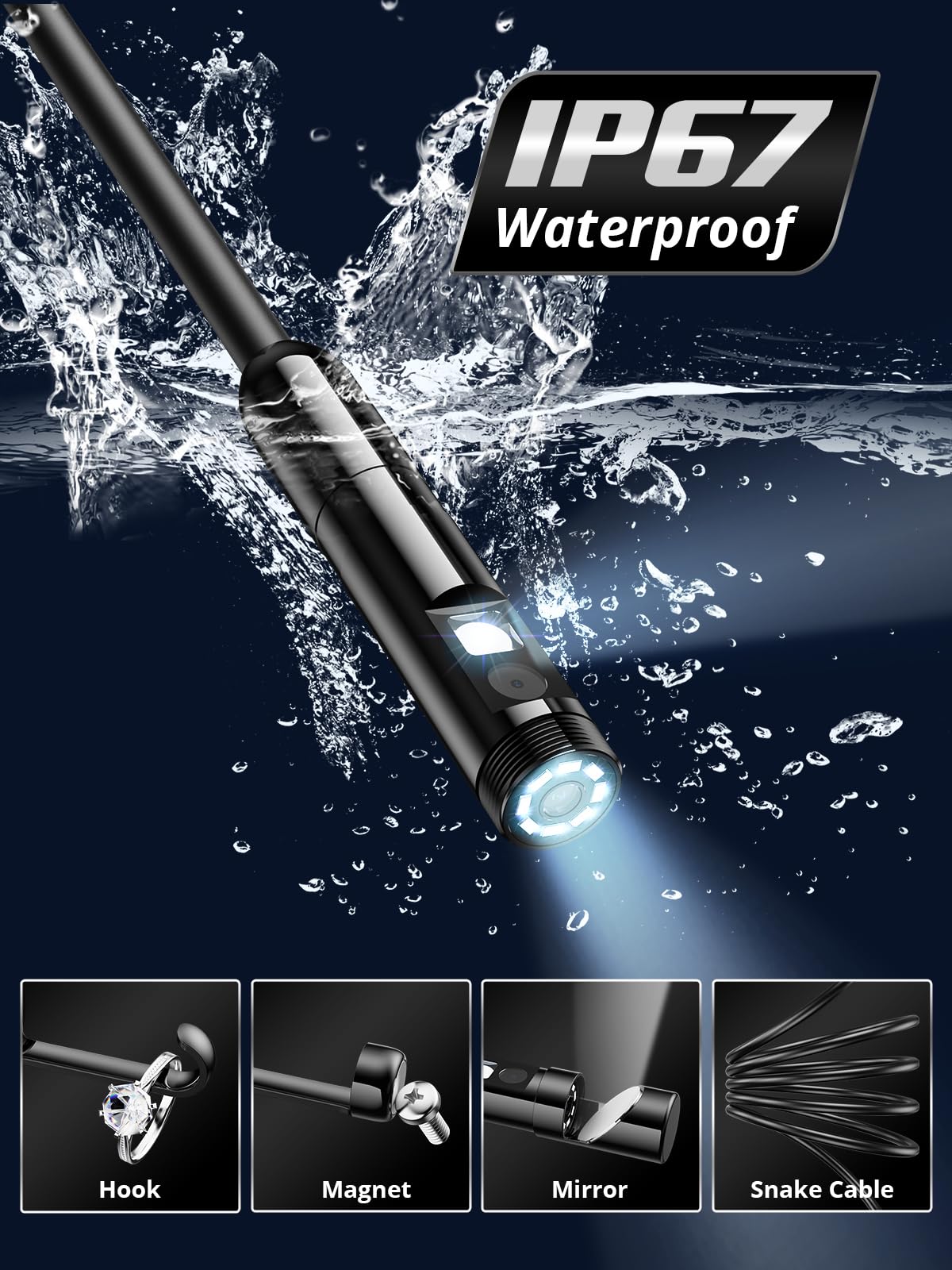 Acoath Endoscope Camera with Light, Dual-Lens 1920P HD Borescope with 8 Adjustable LED Lights, IP67 Waterproof Boroscope Inspection Tools, 33ft Semi-Rigid Snake Camera for iOS & Android