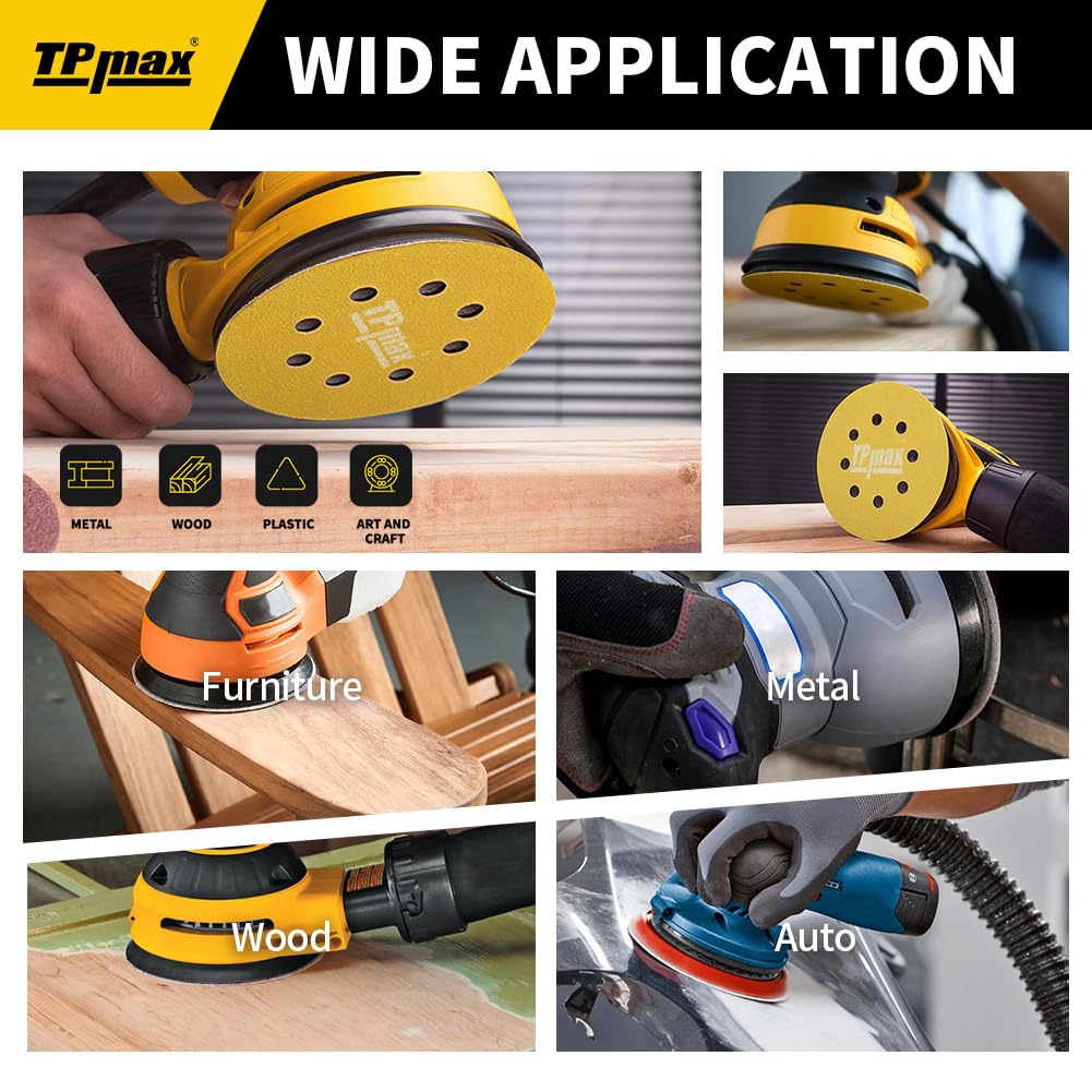 100PCS 5 Inch 180 Grit 125mm 8 Hole Sanding Discs Sandpaper - Premium Gold Round Hook and Loop for Random Orbital Sander - Ideal for Wood, Metal, Automotive
