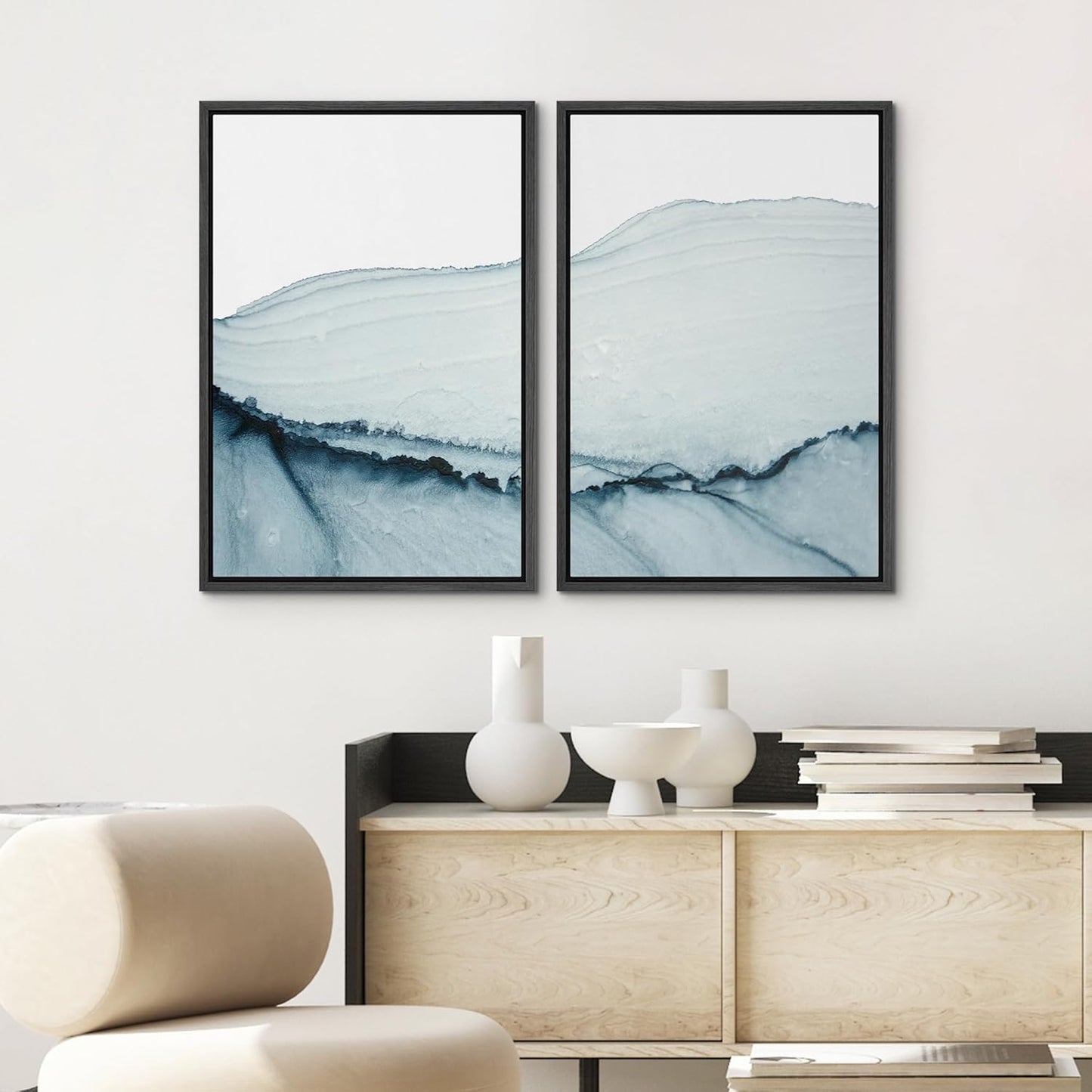 SIGNWIN Framed Wall Art Print Set Blue Paint Stroke Wave Collage Abstract Shapes Illustrations Modern Art Rustic Relax/Calm Multicolor for Living Room, Bedroom, Office - 24"x36"x2 Black