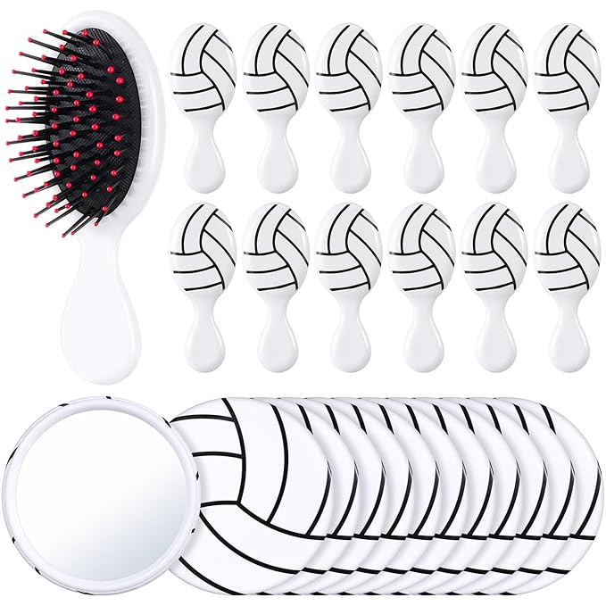 SiliFine 24 Pcs Volleyball Gifts for Team Bulk Include 12 Volleyball Air Cushion Hair Brush and 12 2.76 Inch Compact Mirro...