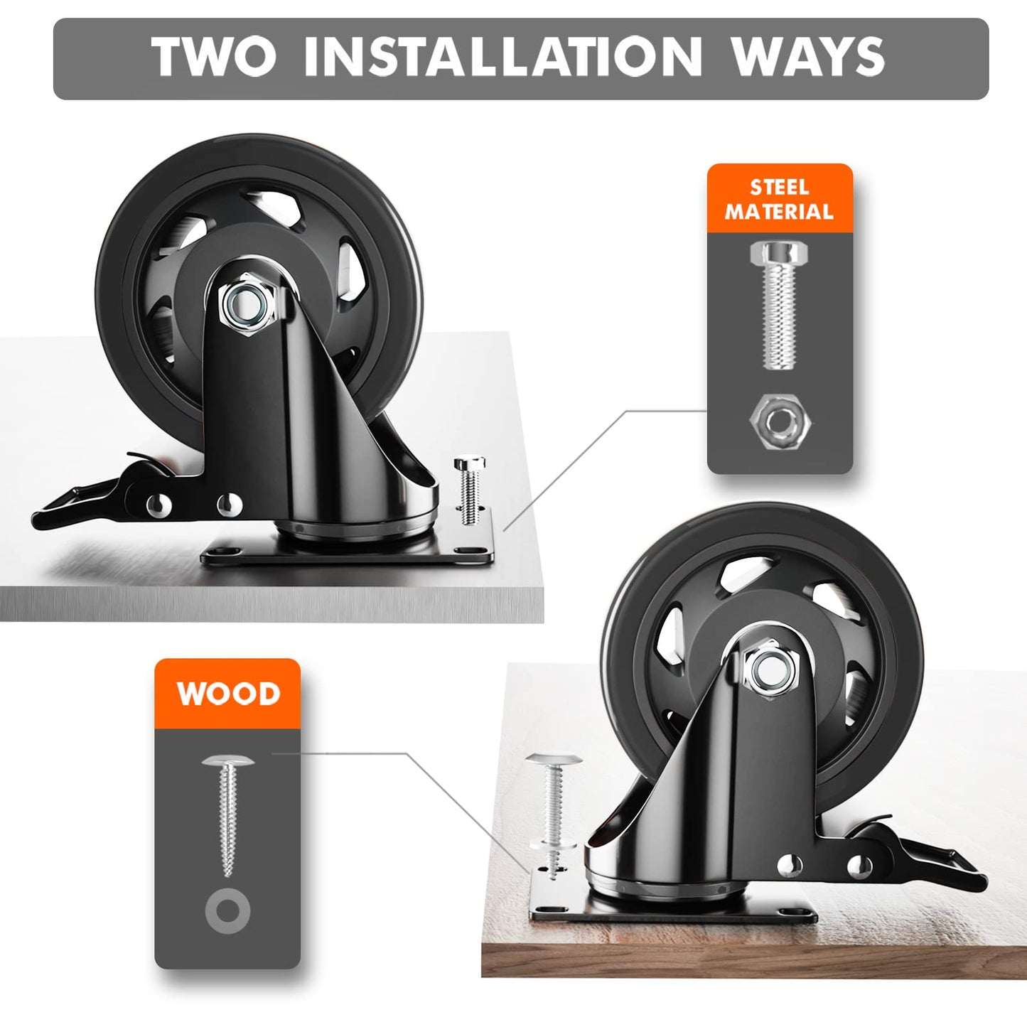 4 Inch Caster Wheels, Heavy Duty Casters Set of 4, Swivel Casters with Brake 2200 Lbs, Locking Industrial Top Plate Casters Wheels for Furniture and Workbench Cart(Two Hardware Kits Include)