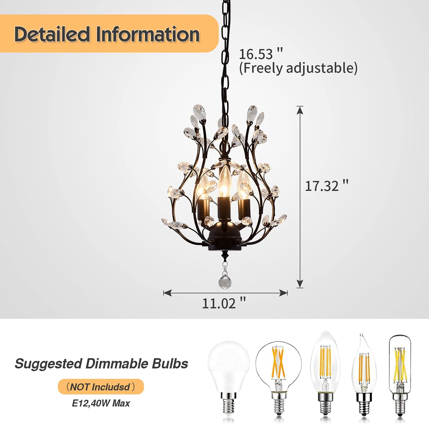 CVKASH 3-Light Branch Crystal Chandelier Flush Mount Lighting 11 Inch Metal Vintage Black W-2016 for Bedroom Dining Room Kitchen