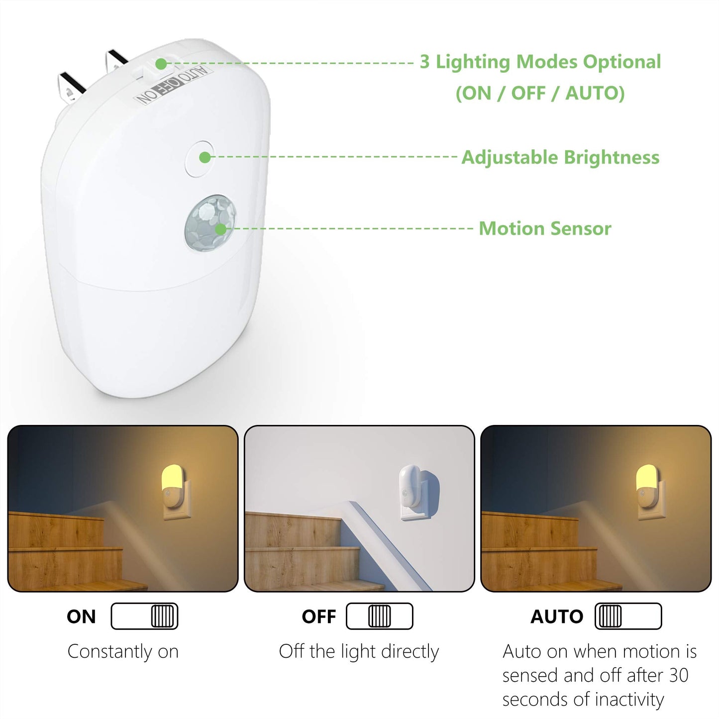MAZ-TEK Plug-in Motion Sensor Night Light, Dimmable LED, Adjustable Brightness, 2 Pack, White, Model MZ303-M-2