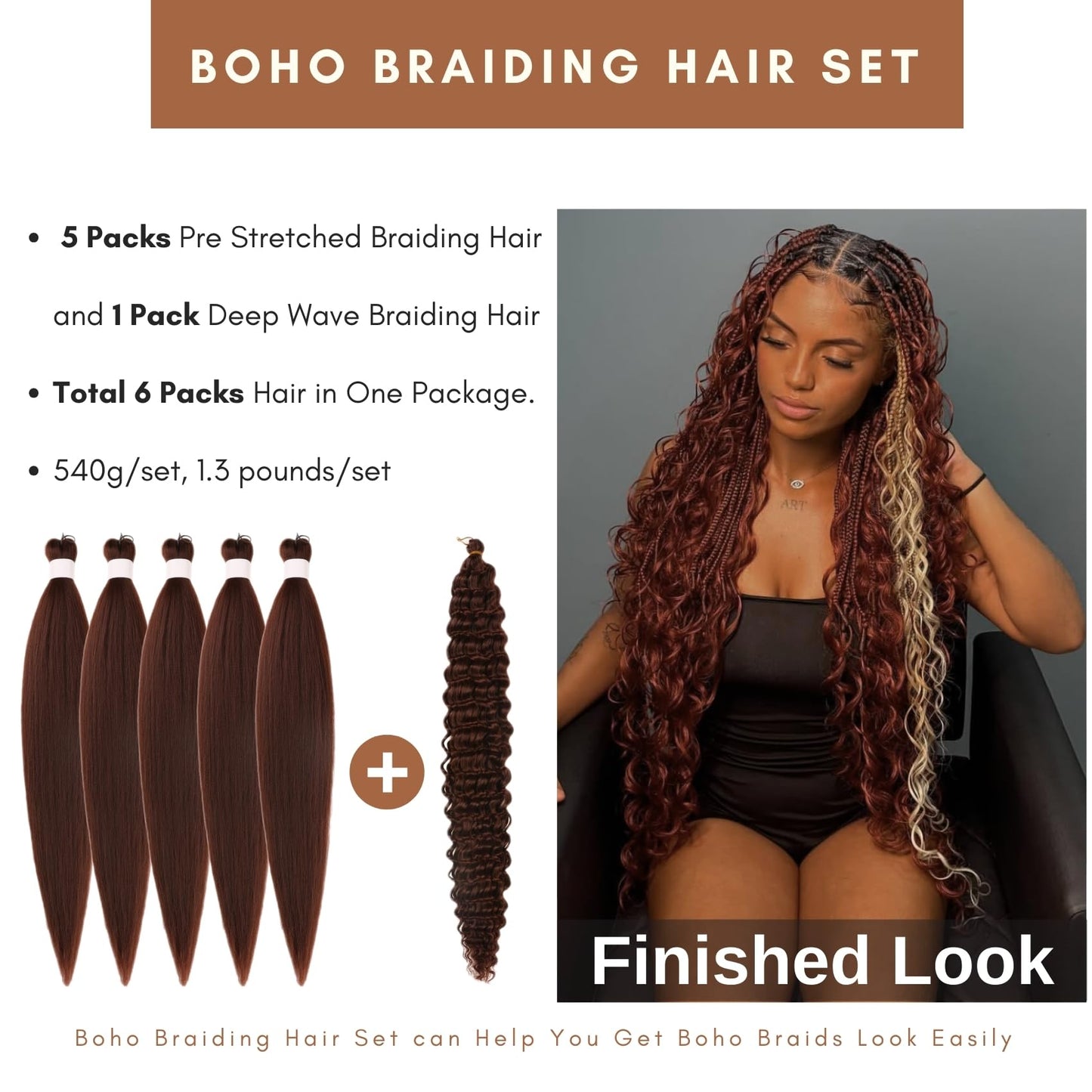 Synthetic Boho Braiding Hair Brown Knotless Braiding Hair Pre Stretched for Boho Braids(6 Packs)