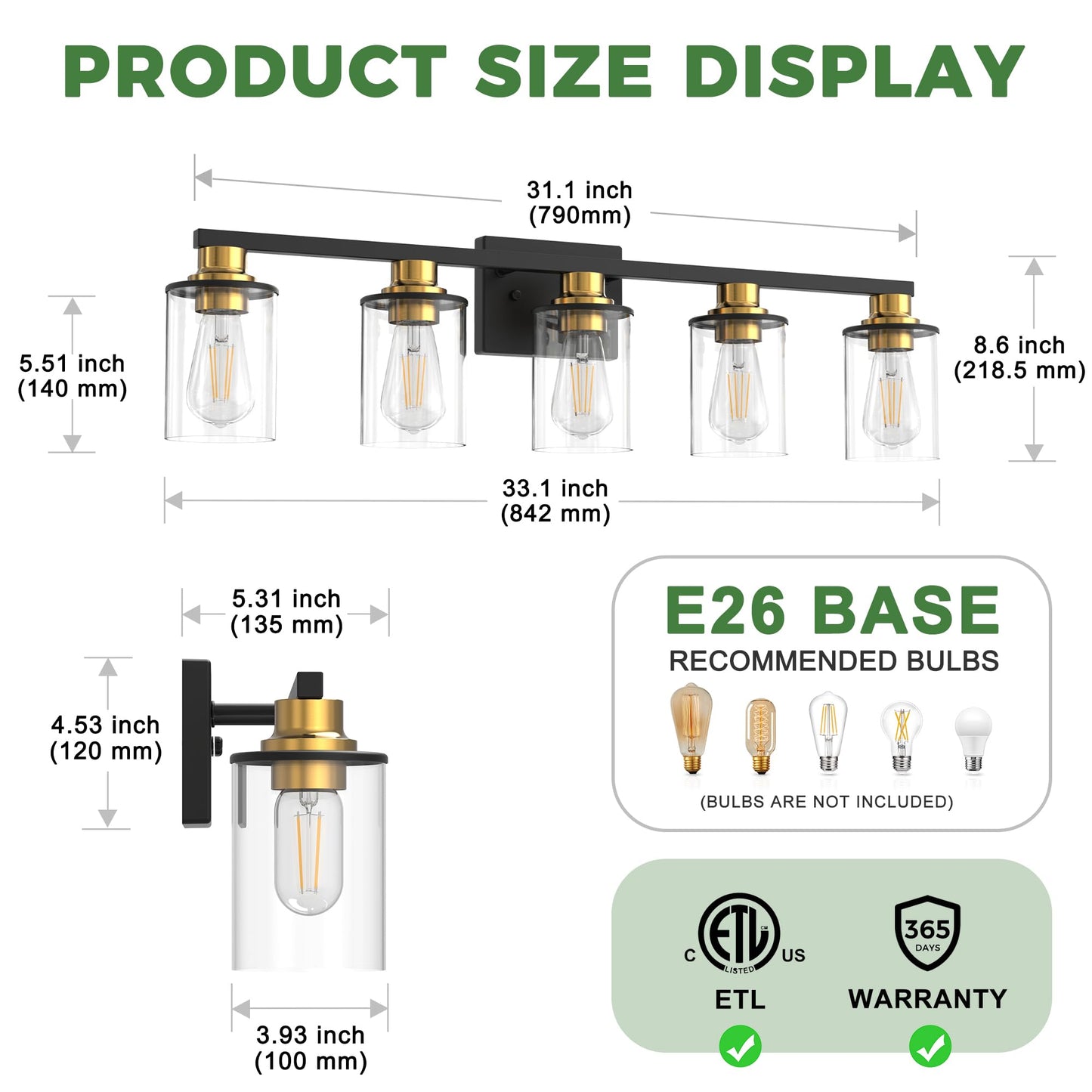 Doresshop Bathroom Light Fixtures  5-Light Gold And Black Bathroom Lighting Fixtures Over Mirror With Clear Glass Shade  Vanity Lights For Hallway Living Room Bedroom