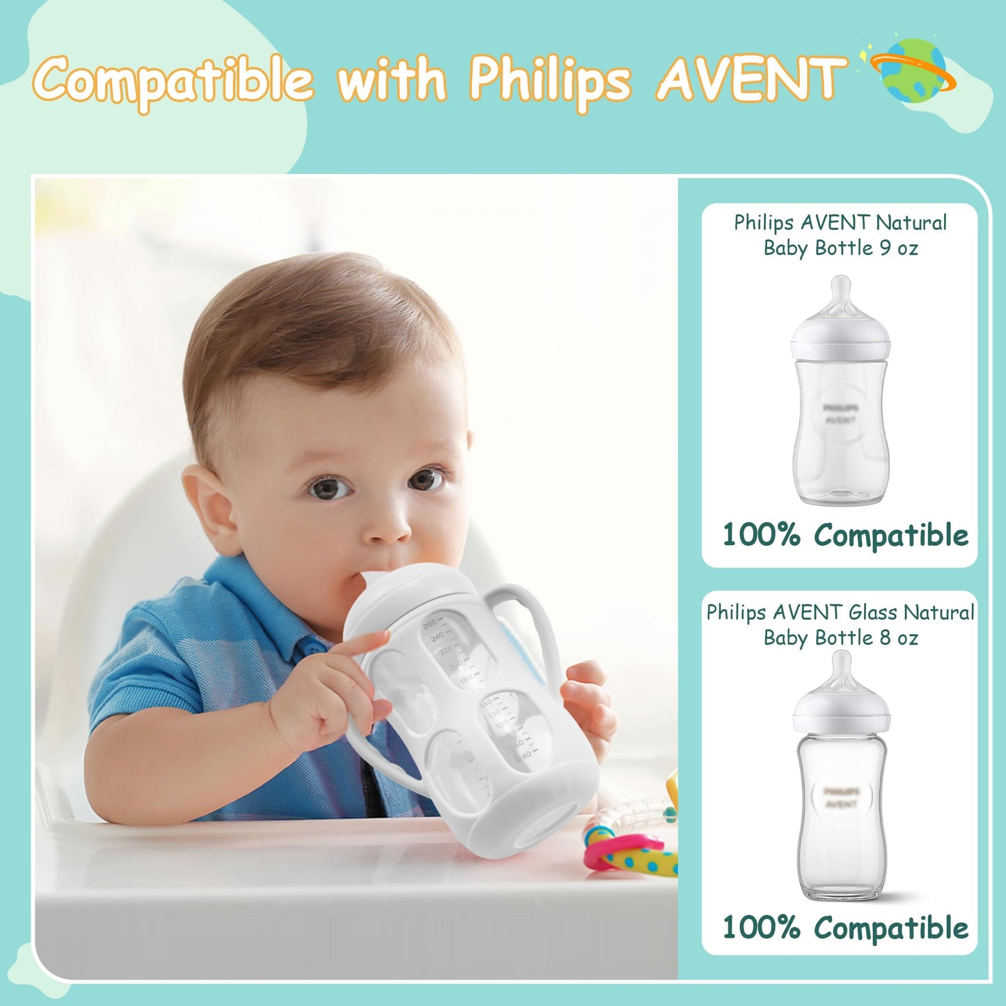 4 Pack Silicone Sleeves with Handles for Philips Avent Natural Baby Bottle 9 oz/8 oz, Avent Glass Bottles Sleeve Easy grip, Anti Breakage Baby Bottle Holder, Compatible with Philips Avent Glass Bottle