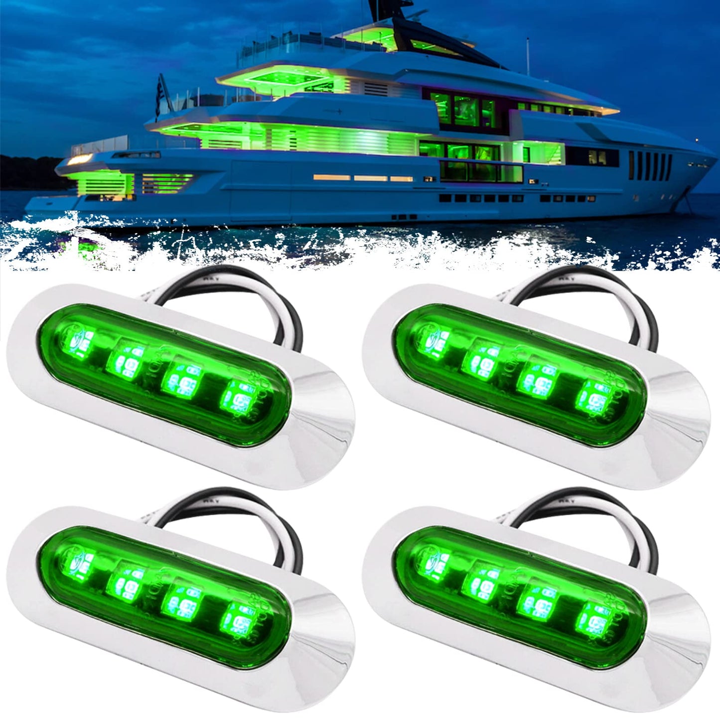 PSEQT Marine LED Lights - Waterproof Interior Deck Light, 3.8in x1.29in x0.78in , Green, 12V/24V, Polycarbonate Lens, Chrome