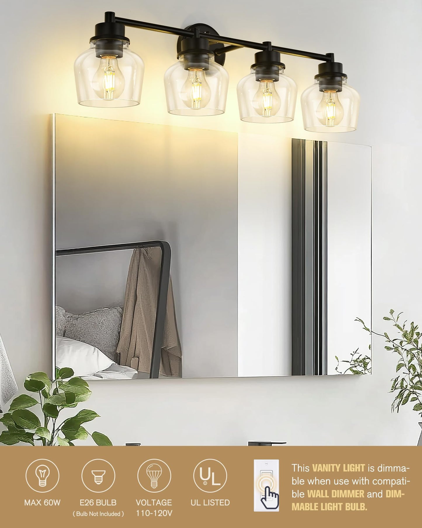 Emak 4-Light Bathroom Vanity Light, 29 Inch Black Bathroom Light Fixtures Over Mirror with Clear Glass Shade, Modern Farmhouse Vanity Lights for Mirror, Bath, VL122-BK-CG-4