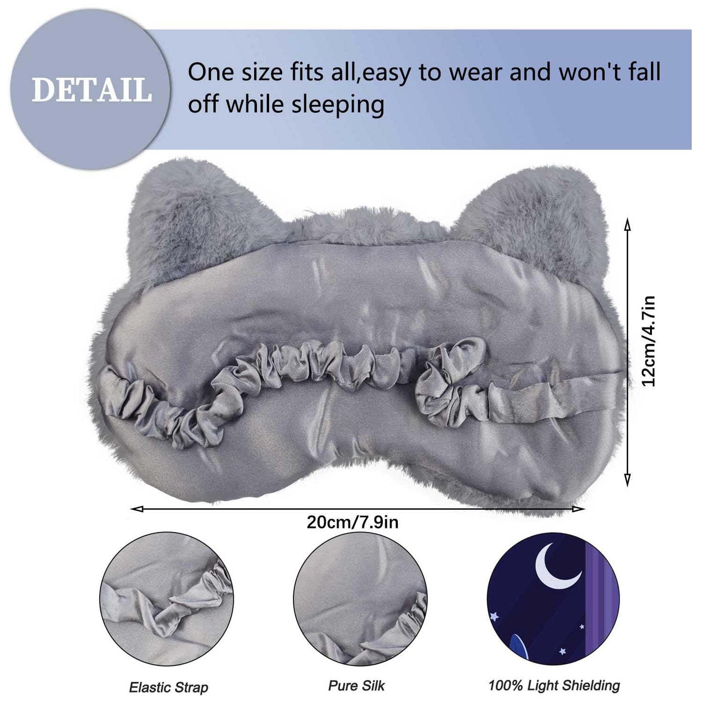 Mezeic Cute Sleep Masks - Cartoon Animal Cat Eye Mask, Plush Sleeping Mask & Travel Blindfold - Funny Kitten Eye Shade for Women Men (Grey Cat)