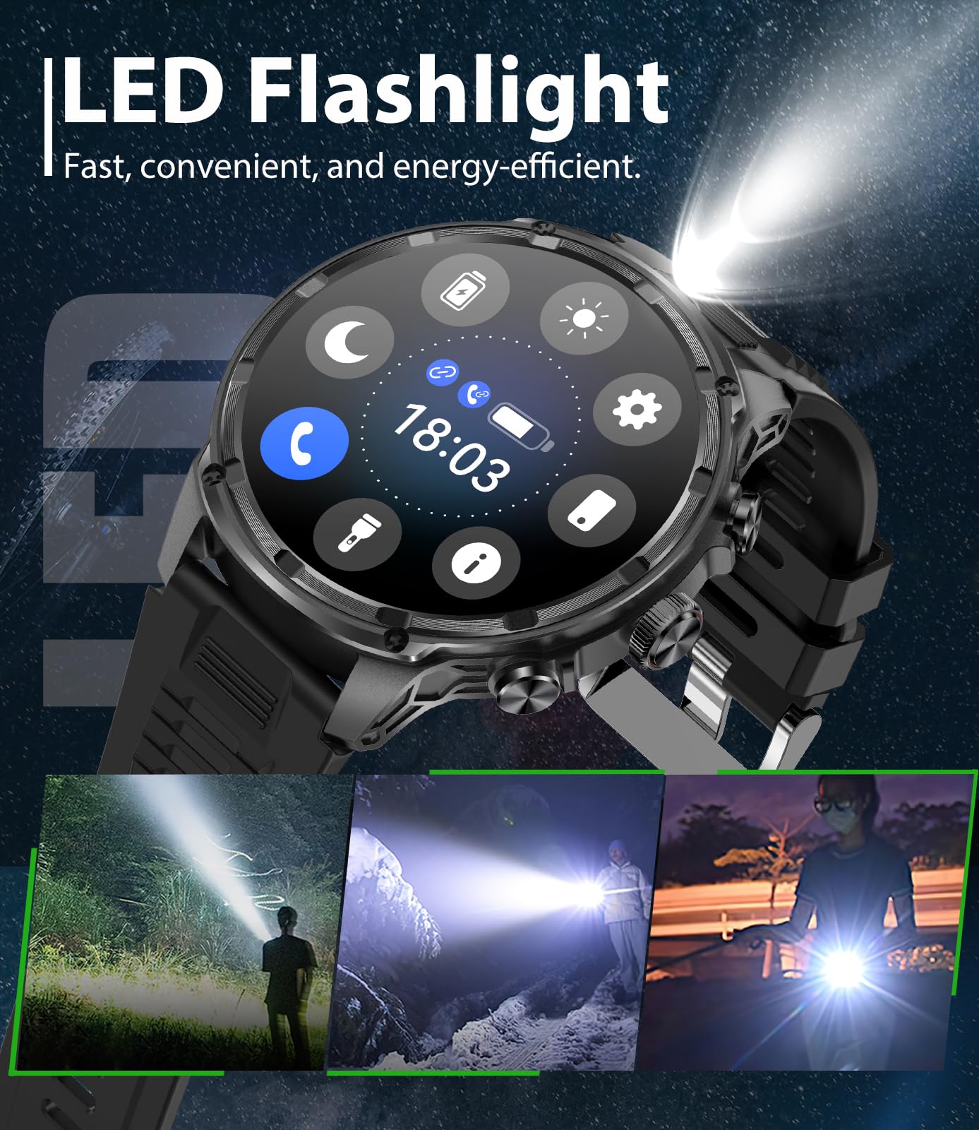 HIRREO Smart Watches for Men (Bluetooth Call), 1.85" Extra Large Screen Smartwatch with LED Flashlight, 800mAh Extra-Long Battery, 100+ Sports Fitness Tracker Watch with Sleep for Android iOS