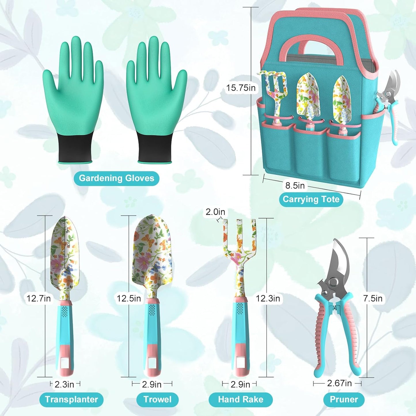6 Pcs Garden Tool Set, Gardening Hand Tools Aluminum Alloy Starter Kit with Garden Bag, Heavy Duty Outdoor Tool Set with Ergonomic Handle, Gardening Gifts (Flower Pattern)