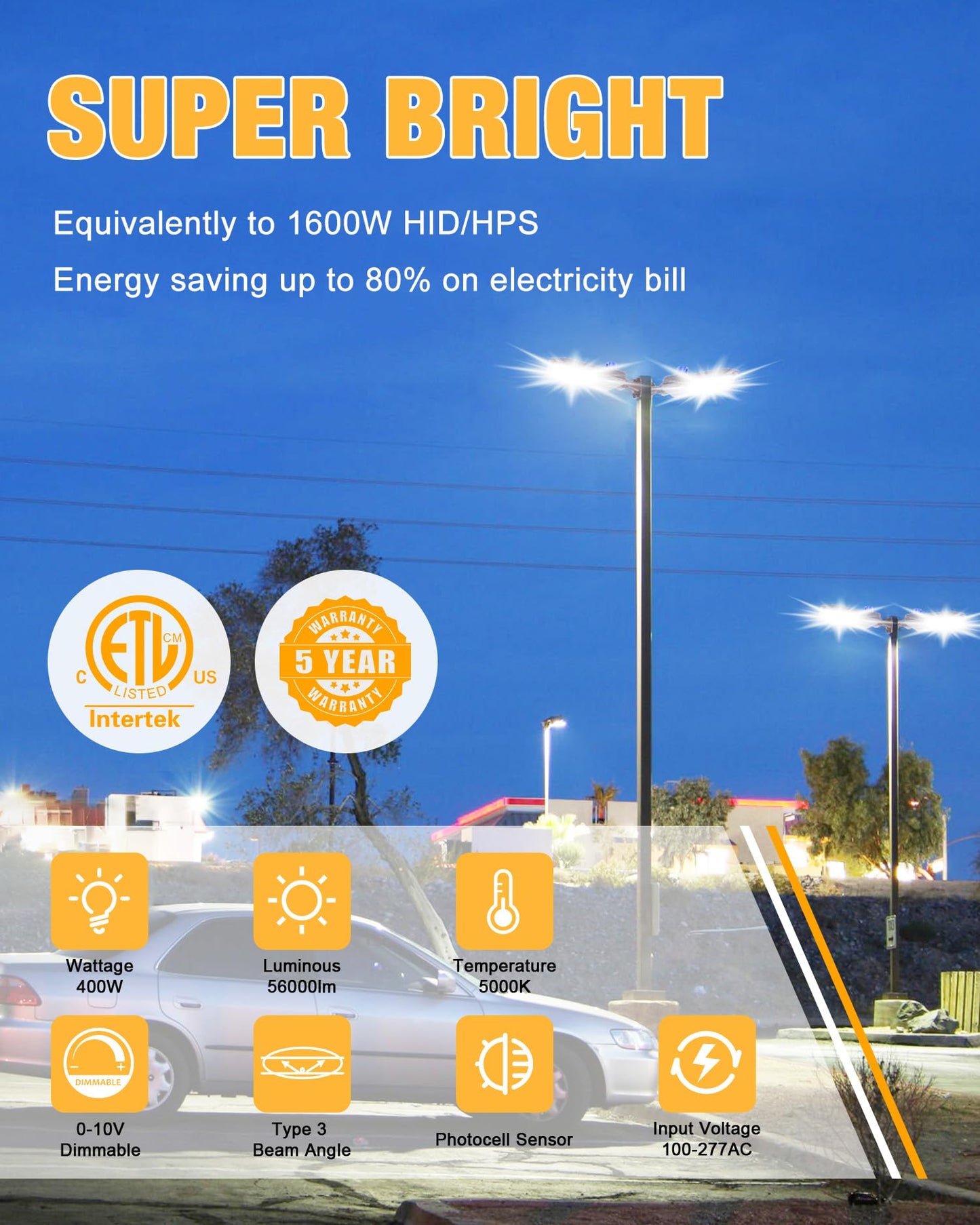 Jc-Lgl 400W Led Parking Lot Lights 2 Pack  56000Lm 5000K Daylight  Ip65 Waterproof  0-10V Dimmable  Ul & Etl Certified  Commercial Outdoor Lighting For Parking Lots  Stadiums  And Streets