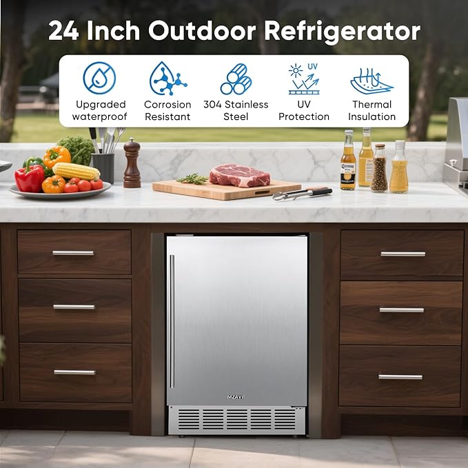 Outdoor 24 Inch Beverage Refrigerator, 180 Can Built-in or Freestanding Beverage Cooler, Stainless Steel Door, Waterproof and Fast Cooling & Low Noise - Home and Patio Use