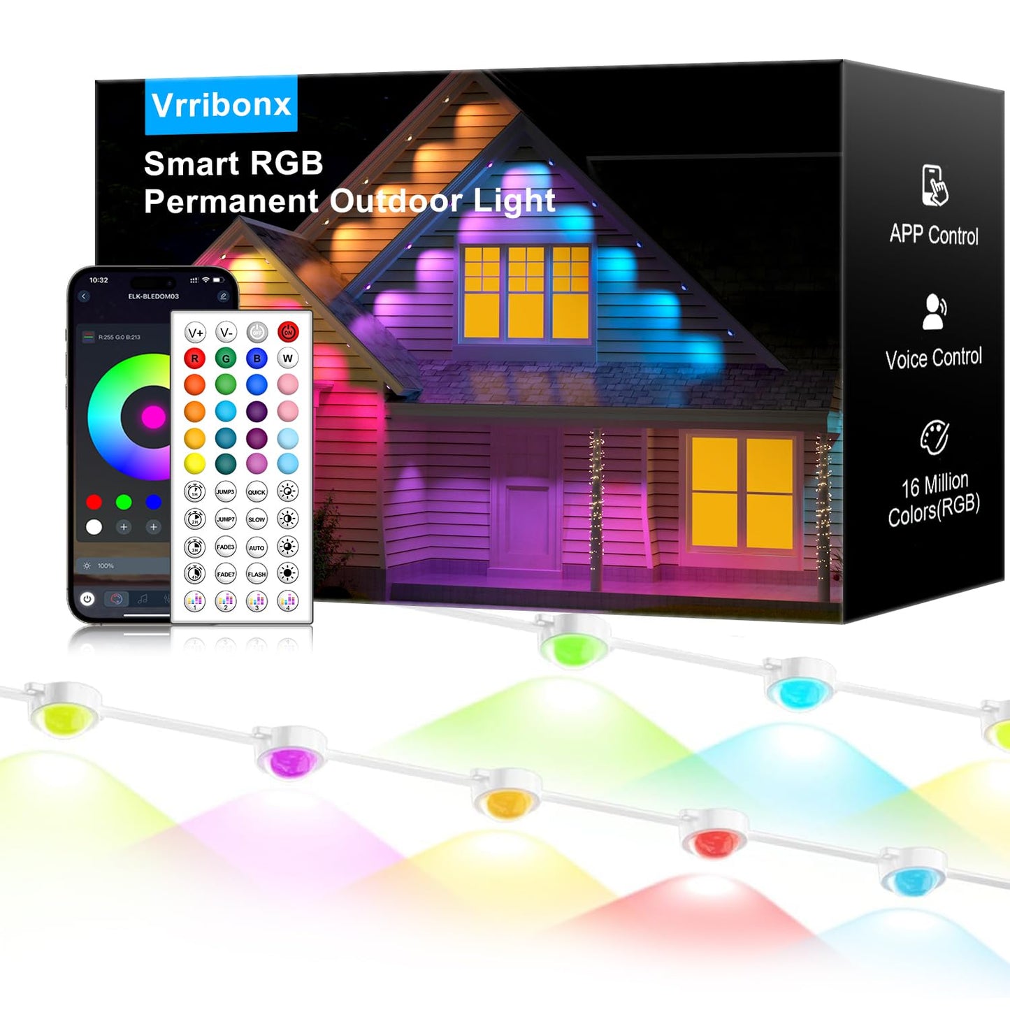 Vrribonx 150FT Outdoor RGB Lights - IP65 Waterproof, Smart App Control, Music Sync, Eaves Lights, Model WYD-03
