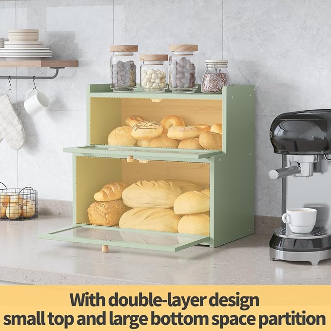 Double Layer Bamboo Bread Box for Kitchen Counter, Countertop Bread Storage Container, Bread Container Bread Storage with Window Bread Holder (Green)