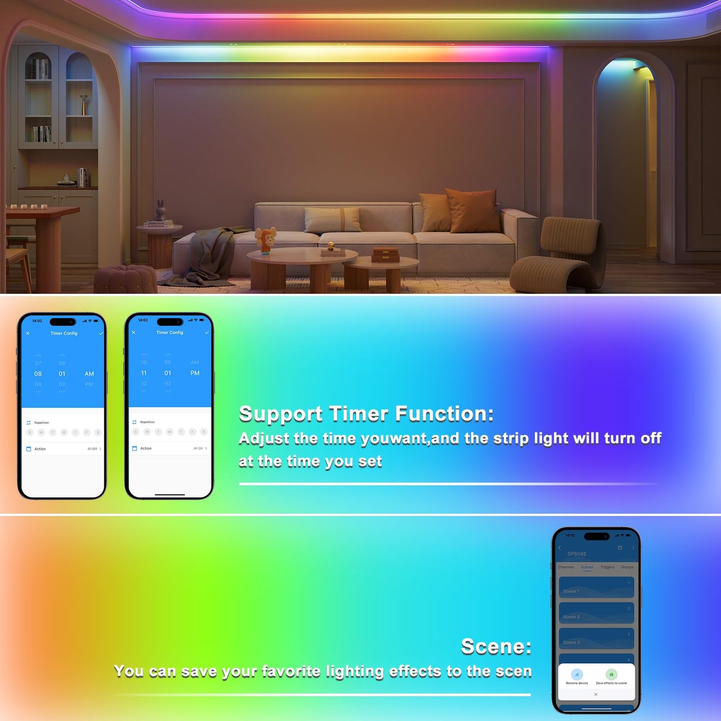PAUTIX SP608E SPI Pixel LED Controller with 8 Signal Outputs,Work with RGB Smart IC COB LED Strips,Built-in Mic/AUX Music Bluetooth for WS2811 LED Module Pixel Strip Light APP/Remote/Trigger Control