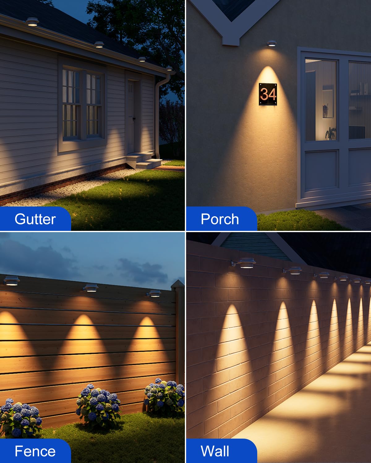 FALOVE Solar Powered Gutter Lights - 4 Pack, Waterproof LED Fence Lamp, Warm White, Model FA0415W-4, Easy Installation