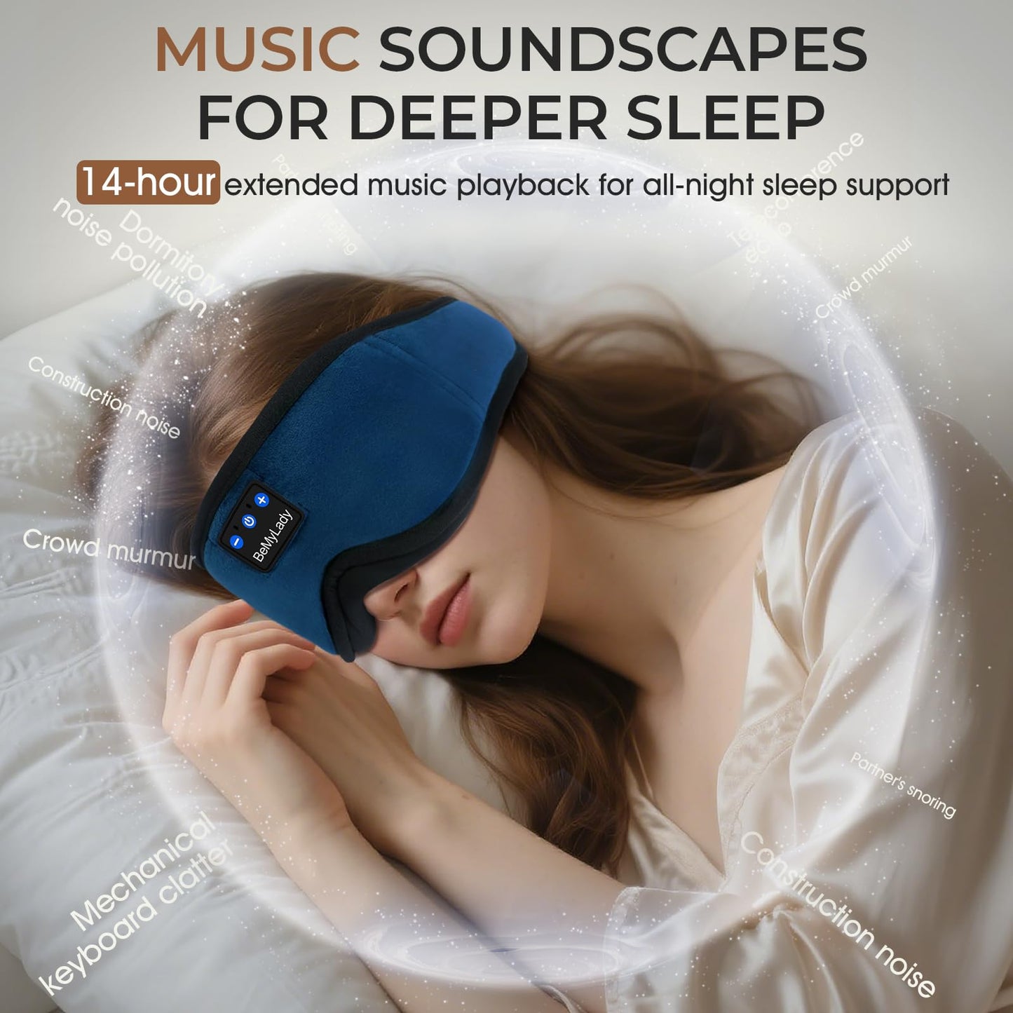 BeMyLady Sleep mask Headphones,100% Blackout 3D Zero Eye Pressure Bluetooth Sleep mask Breathable Eye mask with Bluetooth Headphones Sleep Headphones for Side Sleepers, 14H Playtime&Bluetooth 5.4 Blue