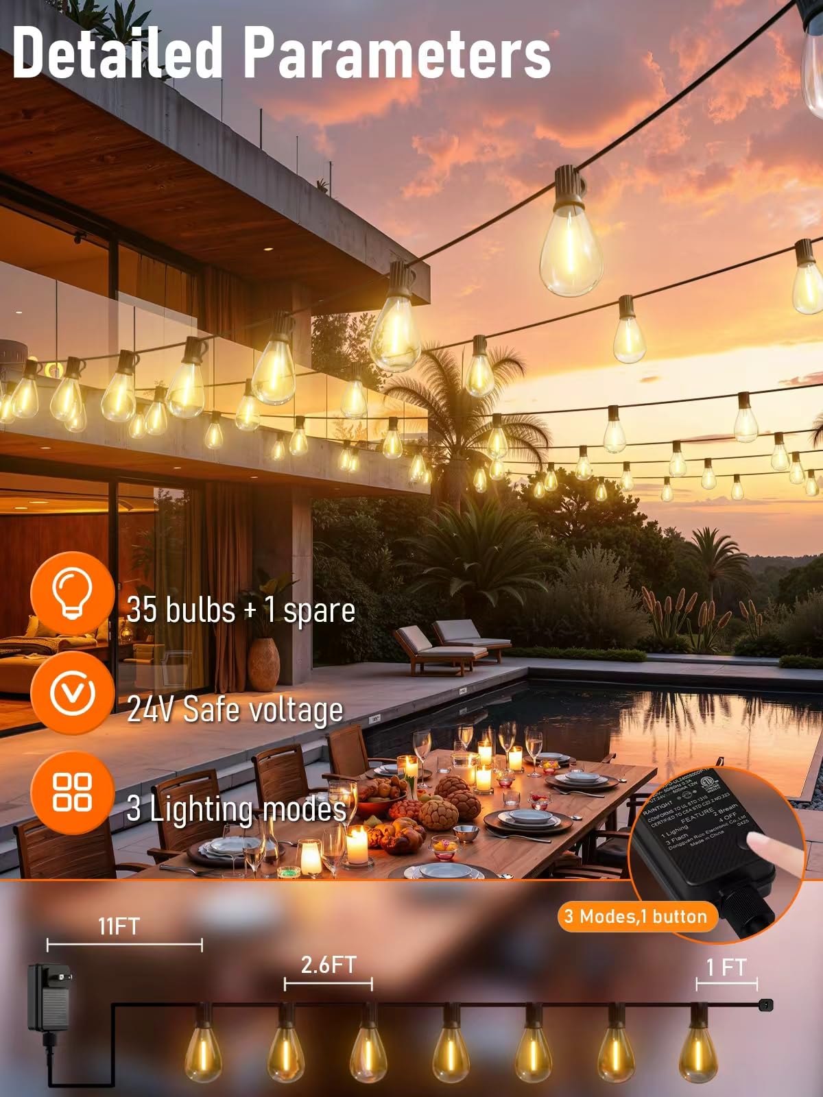luckystyle 100FT LED Outdoor String Lights, 35+1 Shatterproof Bulbs, Waterproof, Dimmable, Warm White-2700K, Model S11