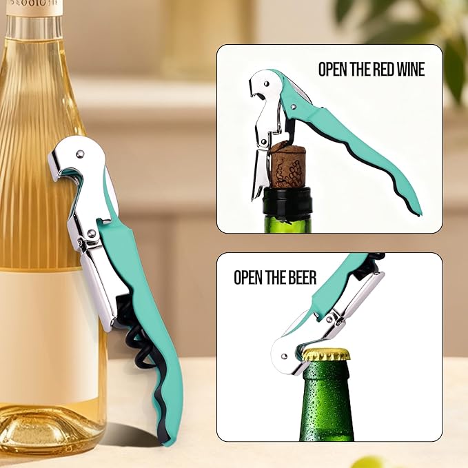 Soft Velvet Touch Waiters Double Hinge Corkscrew Wine Key Bottle Opener，Heavy Duty Waiter Corkscrew, Foil cutter and Bottle Opener,2-pack (2, Mint Green)
