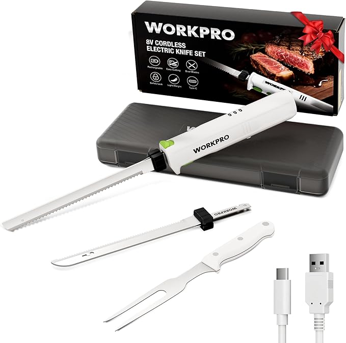 WORKPRO Electric Knife for Meat Slicing, Cordless Electric Carving Knife for Turkey, Fish & Bread, Two Stainless Steel Blades, Ergonomic Handle, Storage Case & Serving Fork Included, White