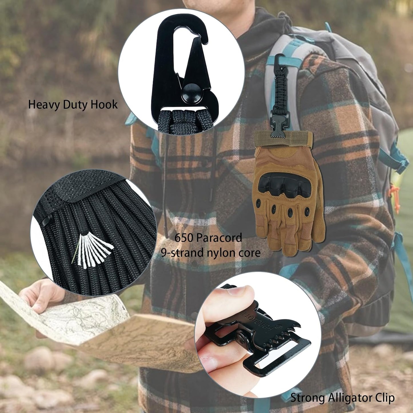 MELOTOUGH Glove Clips Tactical Glove Clip Paracord Work Glove Clip Holder with 2 Alligator Clips for Tactical Backpack,Tool Belt,Outdoor Accessory
