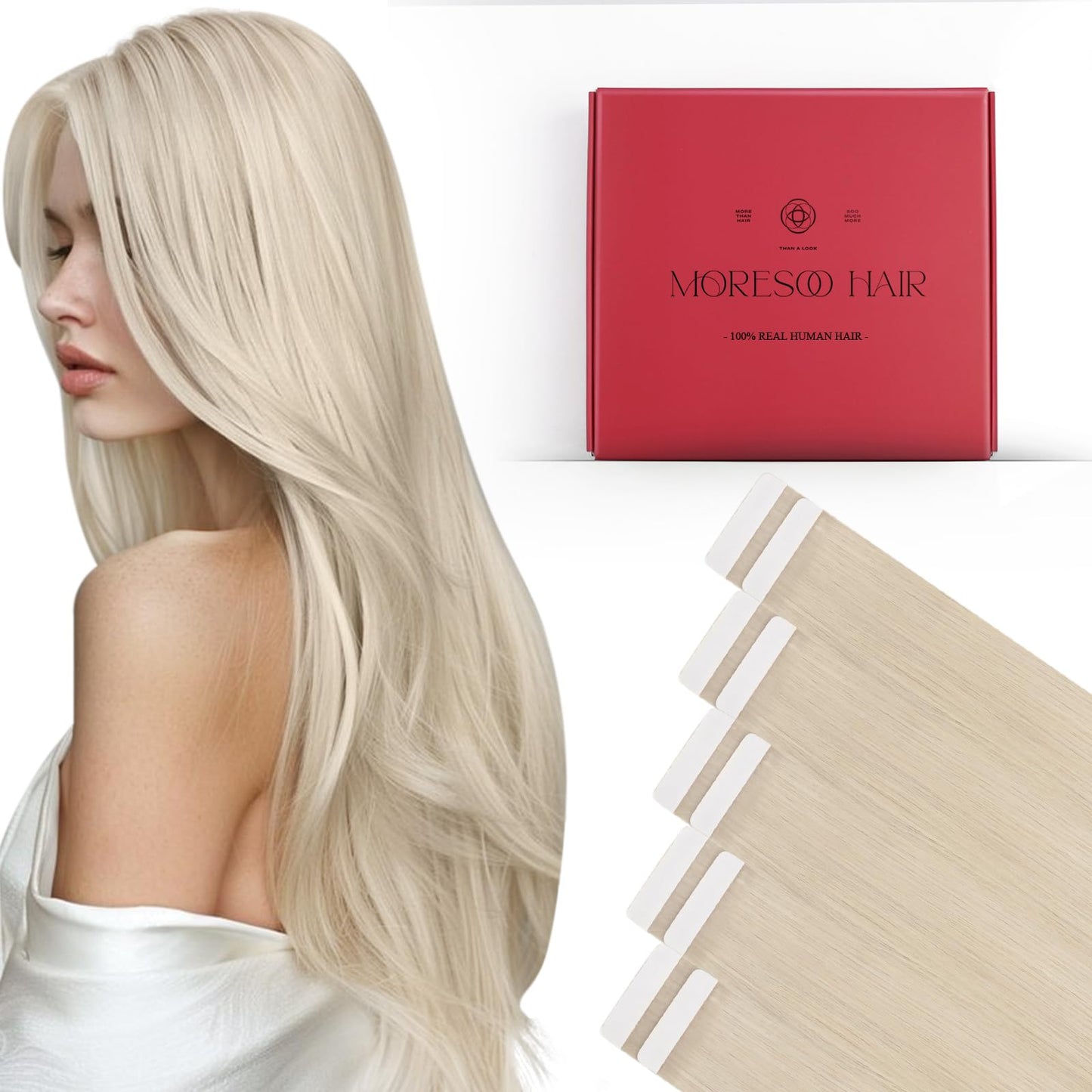 Moresoo Tape in Hair Extensions Human Hair,16 Inch 10 Pcs 25 Grams,#60 Platinum Blonde, Fashion Seamless Tape in Human Hair Exte