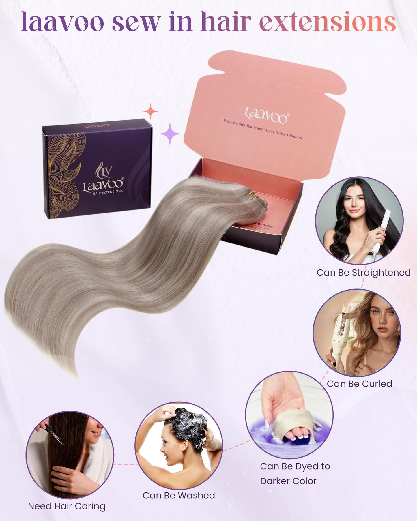 LaaVoo Weft Hair Extensions Human Hair Double Weft Sew in Hair Extensions Real Human Hair Blonde Highlights Hair Extensions Sew