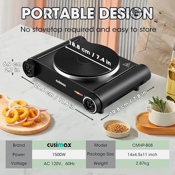 CUSIMAX Hot Plate,1500W Electric Portable Cast Iron Stove with Temperature Controls,Hot Plates for Cooking,Compatible for All Cookwares,Concealed Handle,Easy to Clean