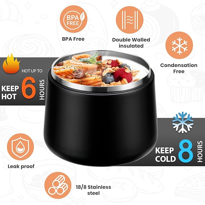 Soup Thermo for Hot Food Kids 14oz Lunch Containers with Buckle Lid Wide Mouth Hot Food Jar Vacuum Insulated Stainless Steel Bento Box Leakproof with Spoon(Black)