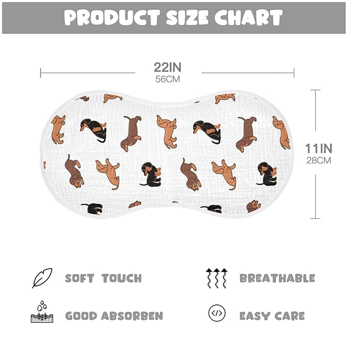 Muslin Baby Burp Cloths Set of 1, Soft Absorbent Cute Dogs Dachshunds Muslin Washcloths, Bibs, Face Towel for Newborn Boys Girls, 22 x 11 Inch