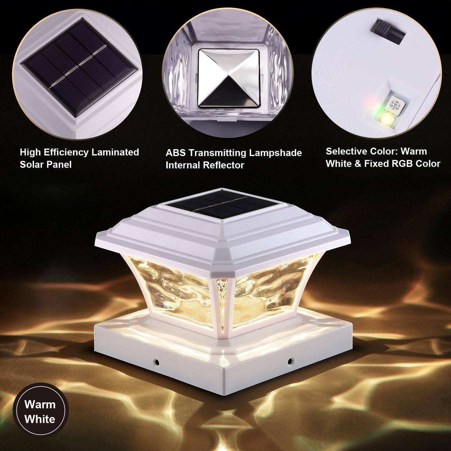 AEFRELEOHT Solar Post Cap Lights, Warm White/RGB, 20 Lumens, 6 Pack, for 3.6x3.6 to 5x5 Posts,