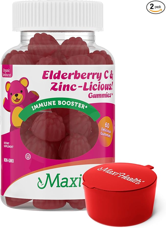 Maxi Health Elderberry Zinc Gummies - Organic Sambucus Elderberry Gummies w/Zinc and Vitamin C - Vegan Immune Support for Adults and Kids - 60 Gummies - with Red Pillbox