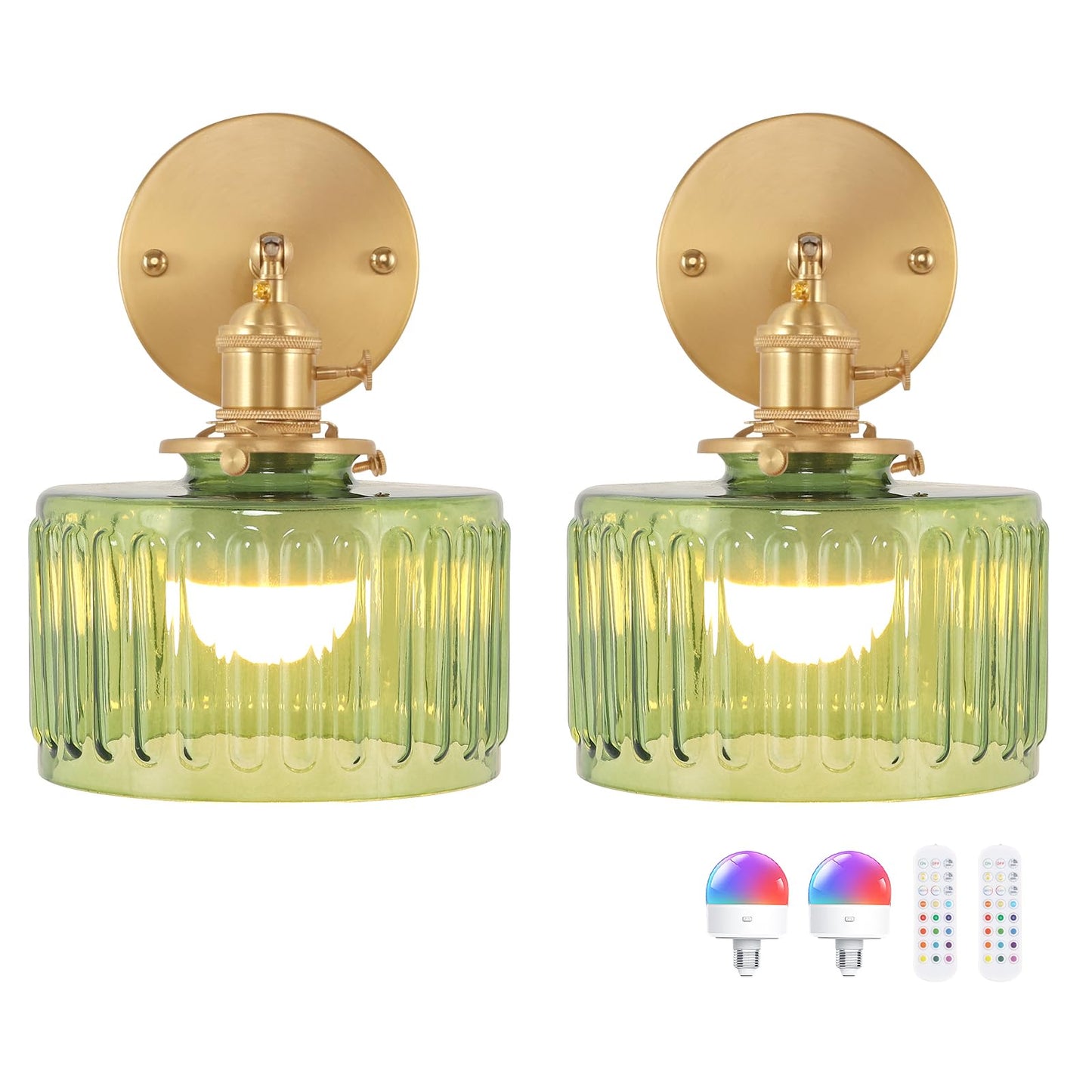Shenmoyl Vintage Wall Sconce Set of 2 - Battery Operated, Green Striped Glass, Remote Control, Model fb613c54, Brass Material