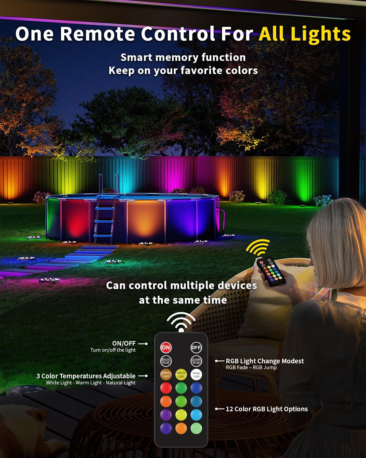 Hicotet Solar Ground Lights, 15 Multi Color IP67 Waterproof, 8 Pack, Black, Model LNM-CPD-01, Remote Control, Outdoor Landscape Lighting
