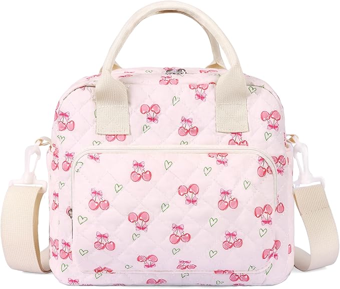 Quilted Lunch Box for Women,Large Pink Cherry Insulated Lunch Bag for Adult,Cute Lunch Tote Bags for Work Picnic Travel (pink charry heart,M)