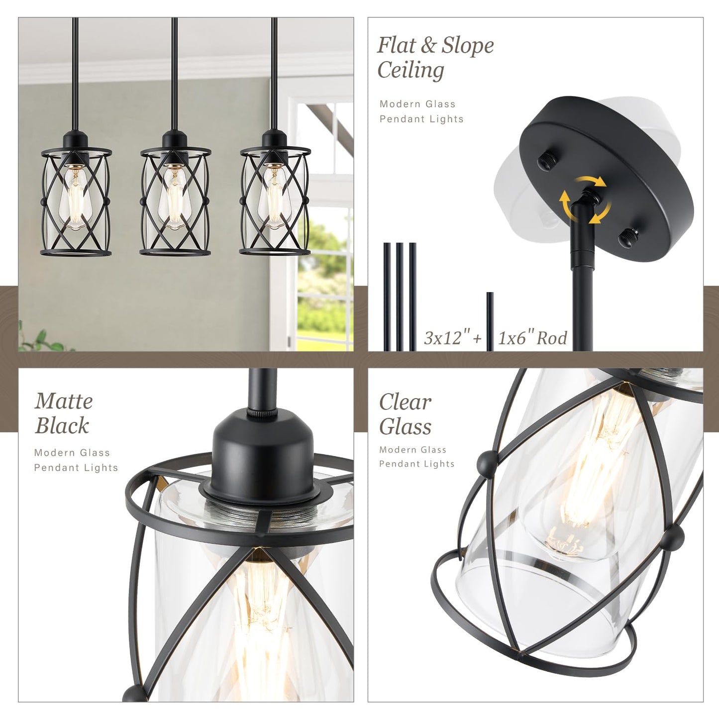 Osimir Glass Pendant Lights 3 Pack, Black, Modern Mini Hanging Light for Kitchen Island, Model CH9176BK-3PK