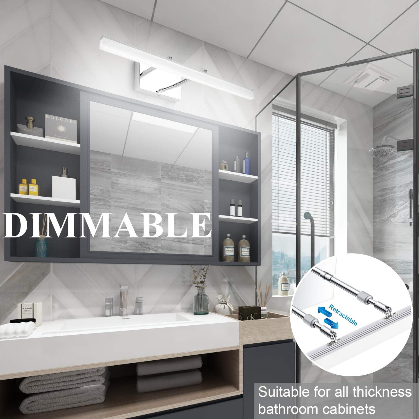 Aipsun 24 Dimmable Led Vanity Light Fixture - Polished Chrome, Stainless Steel Base, Model 6480-14W