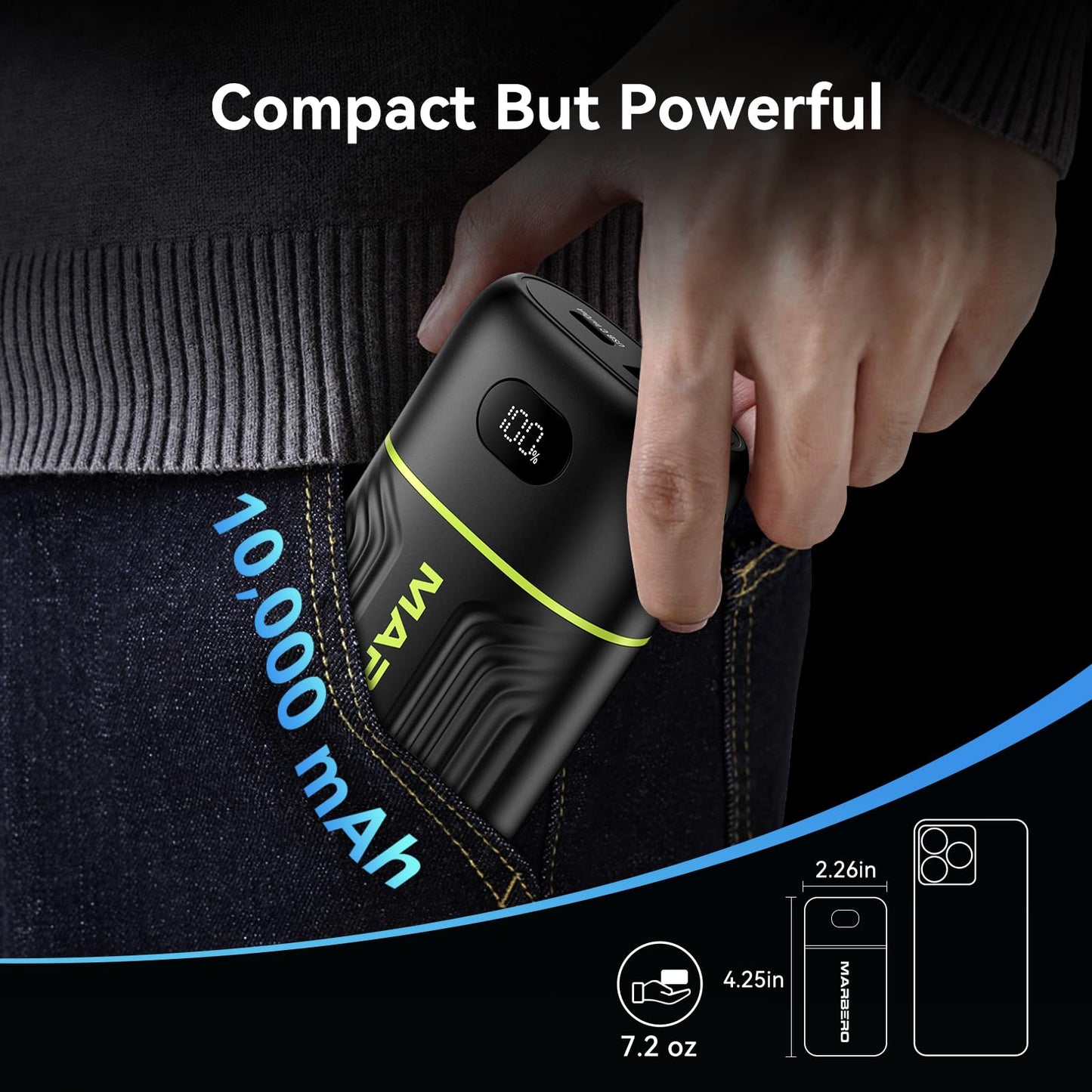 Marbero Portable Charger 10000Mah Mini Power Bank Usb C In&Out Fast Charging Battery Pack Compact External Phone Powerbank Compa