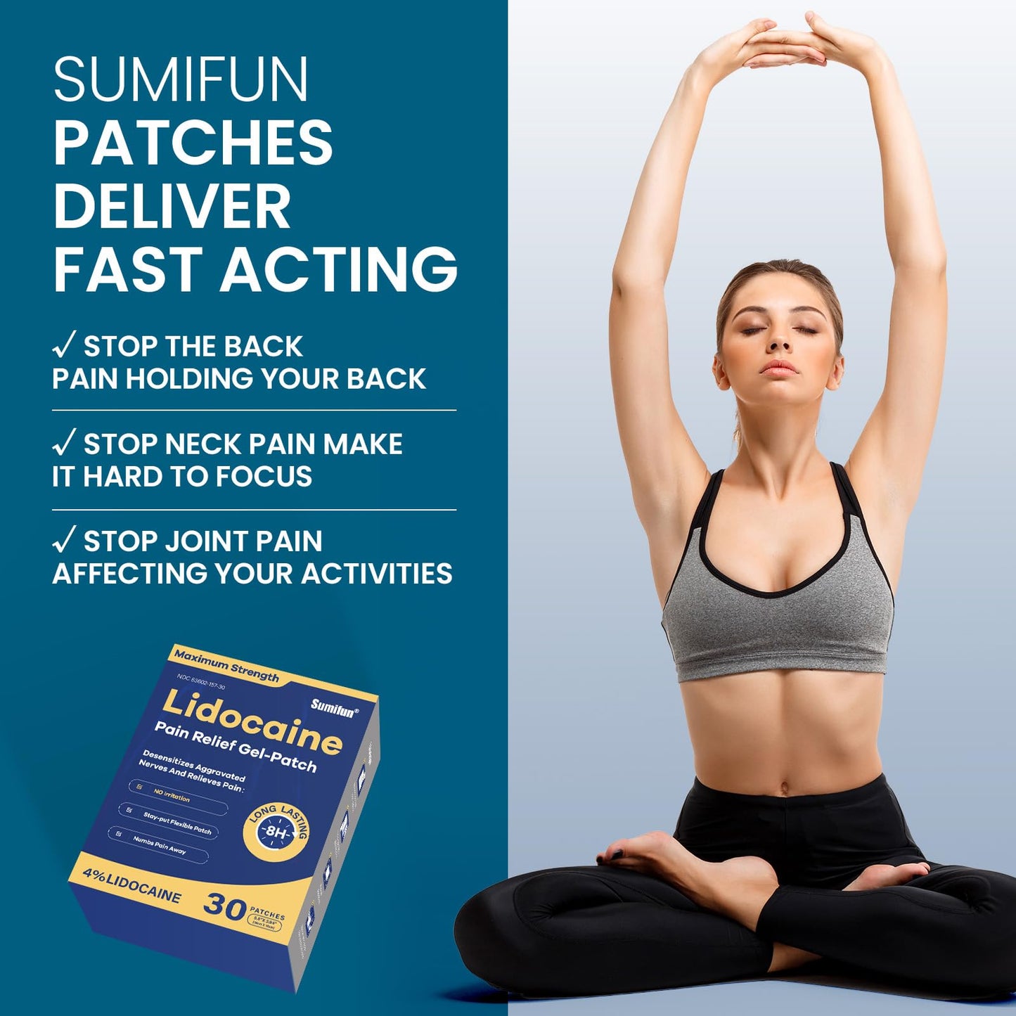 Sumifun 4% Lidocaine Pain Relief Patches 30 Count Maximum Strength Numbing Gel Patch for Back Knee Neck Joint Ache Muscle Soreness Topical Analgesic