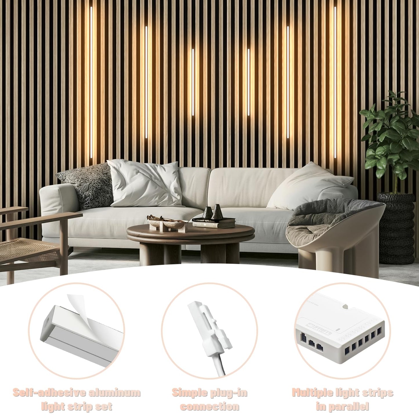 Lichaser Led Recessed Lighting For Acoustic Panel  6 Pcs Of 3000K Dimmable Led Strip Light For Wood Slat Wall Panel In Parallel With Touch Sensor  Self-Adhesive For Slat Wall Decor (4*28 In+2*16 In)