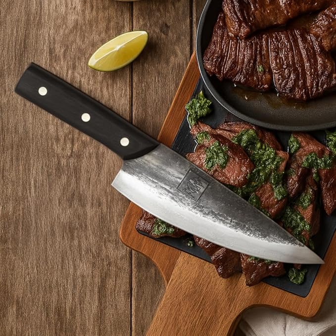 COOLINA Knife Set – Promaja Hand-Forged Butcher Knife & Tungsten Chef Knife Bundle – Full Tang Carbon Steel Cleaver and Cooking Knife with Wooden Handles – Professional Kitchen & BBQ Knives